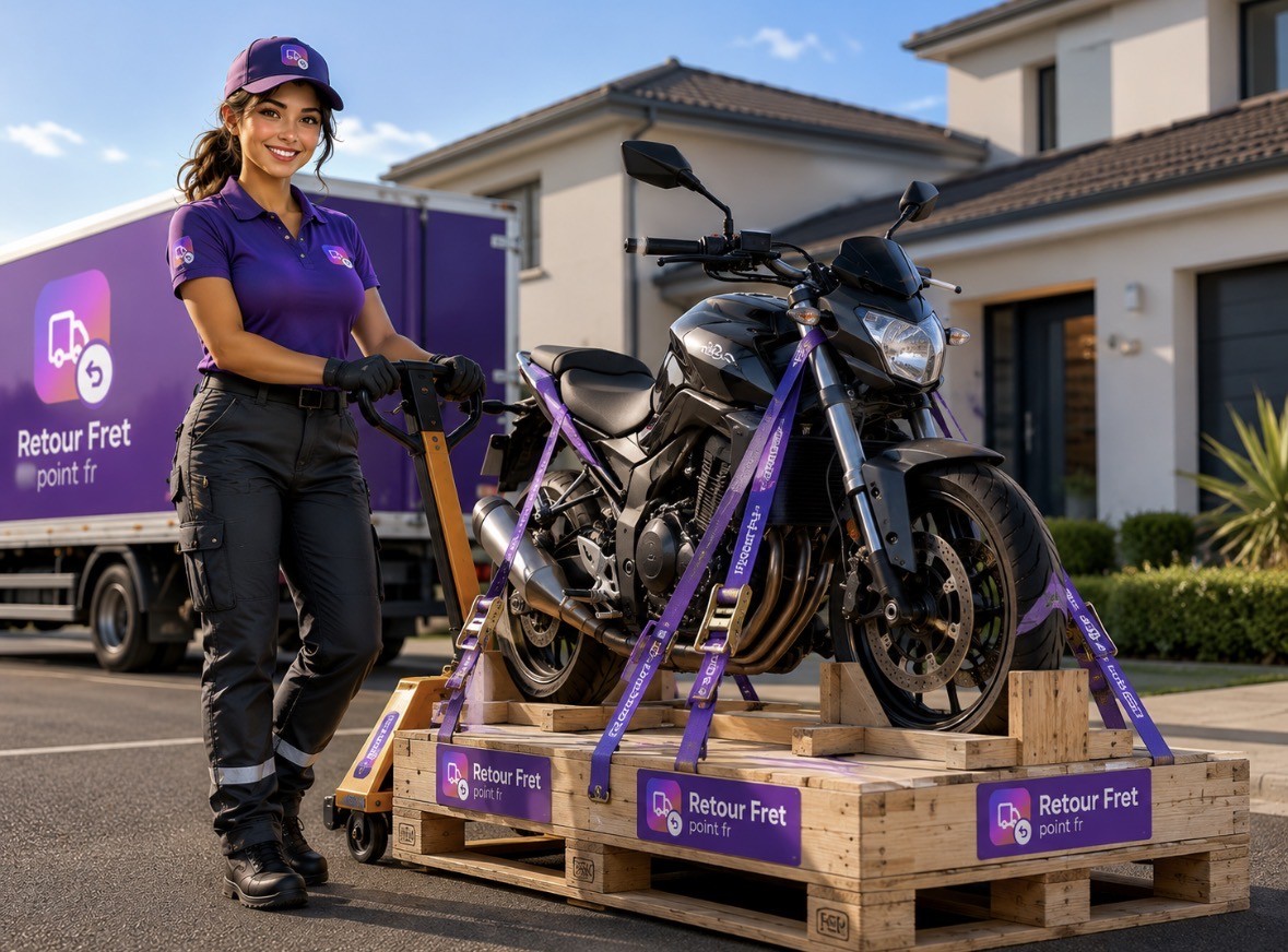 Illustration d'une livreuse RetourFret sanglant une moto sur une palette